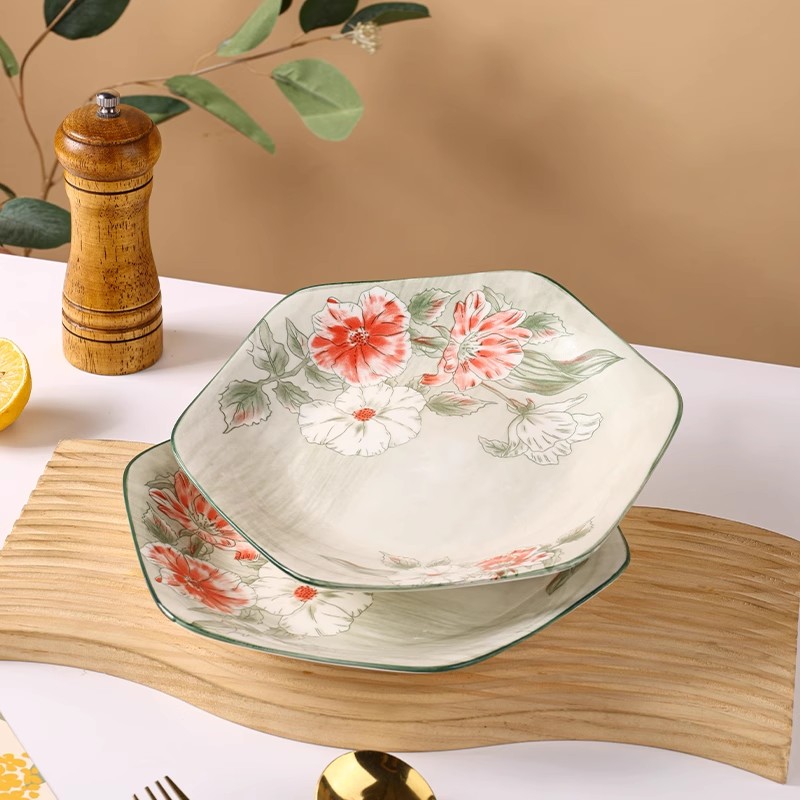 花开富贵8英寸六角盘2只