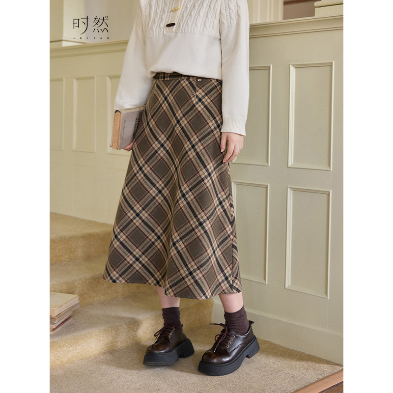 时然微胖大码女装半身裙冬季新款裙子韩系百搭遮肉显瘦格子半裙女