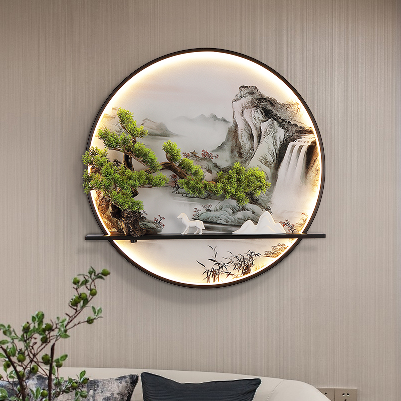 高级感新中式壁灯茶室走廊装饰画国风沙发背景墙壁灯圆形壁画灯