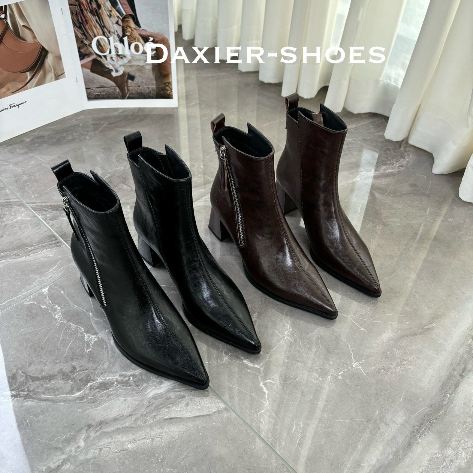 大喜儿原创设计小短靴女2025年秋冬季新款粗跟高跟鞋尖头气质靴子