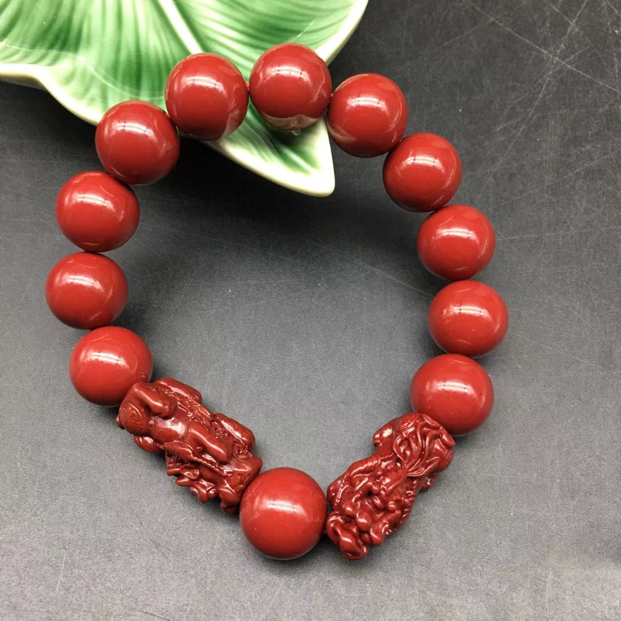 含辰砂工艺品ZA019-紫色14mm精美雕刻双貔貅带隔珠手串