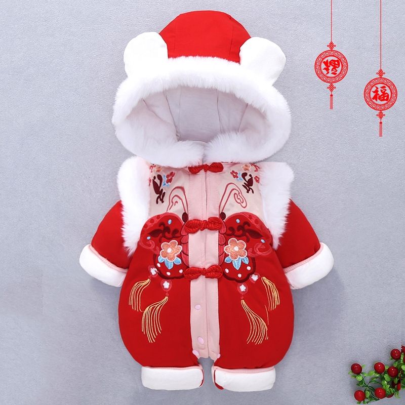 婴儿冬款保暖加厚连体衣服新年女儿童过年加绒宝宝拜年爬服棉哈衣