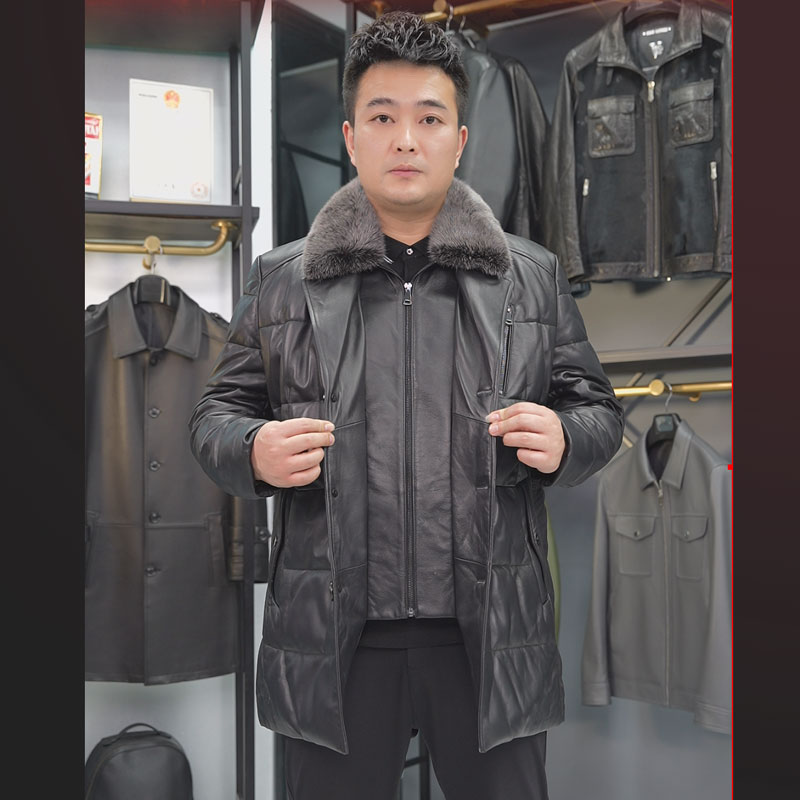 男士冬款头层绵羊皮假两件水貂领中长款皮衣