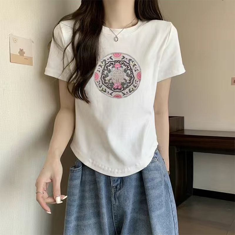新中式国风短袖t恤女士纯棉修身百搭夏季复古重工刺绣设计感上衣