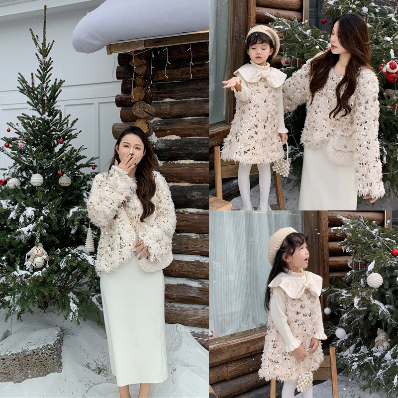 2024秋冬季新款气质亮片外套亲子装母女装女童连衣裙保暖A9474