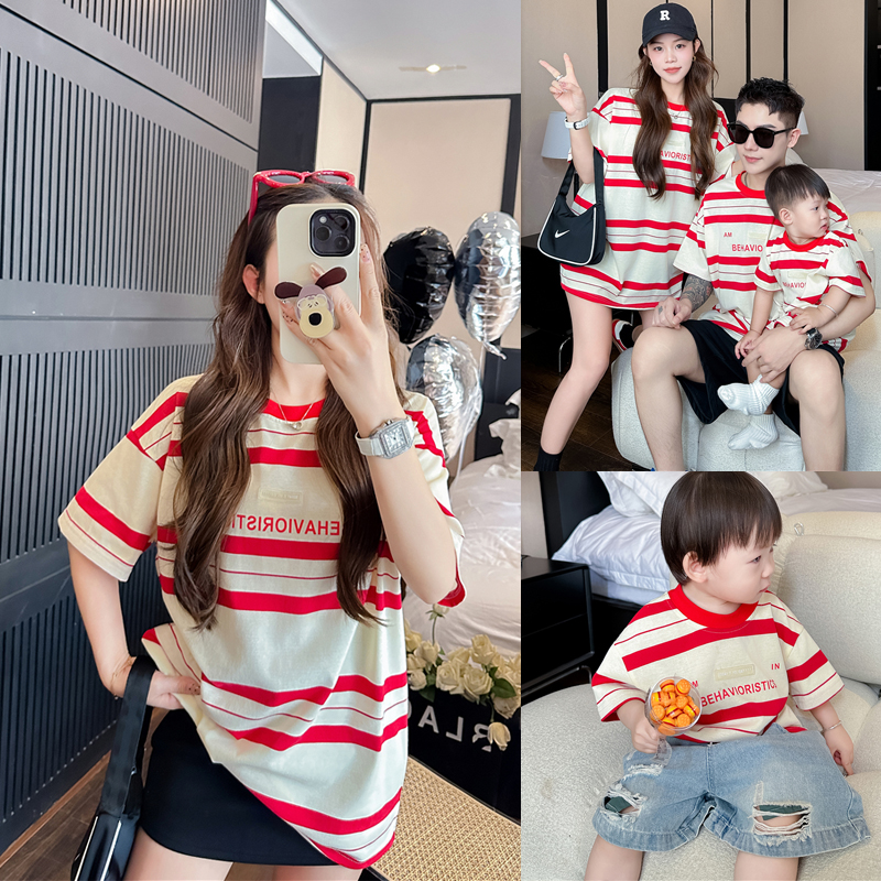 韩国亲子装夏季一家三口纯棉洋气母女装条纹短袖T恤幼儿园全家装