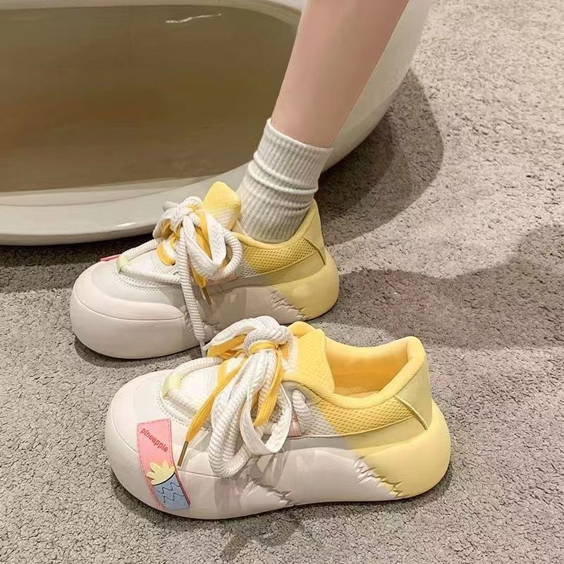 厚底面包鞋女2023春季丑萌鞋粉色潮鞋个性鞋带魔术贴女鞋YR