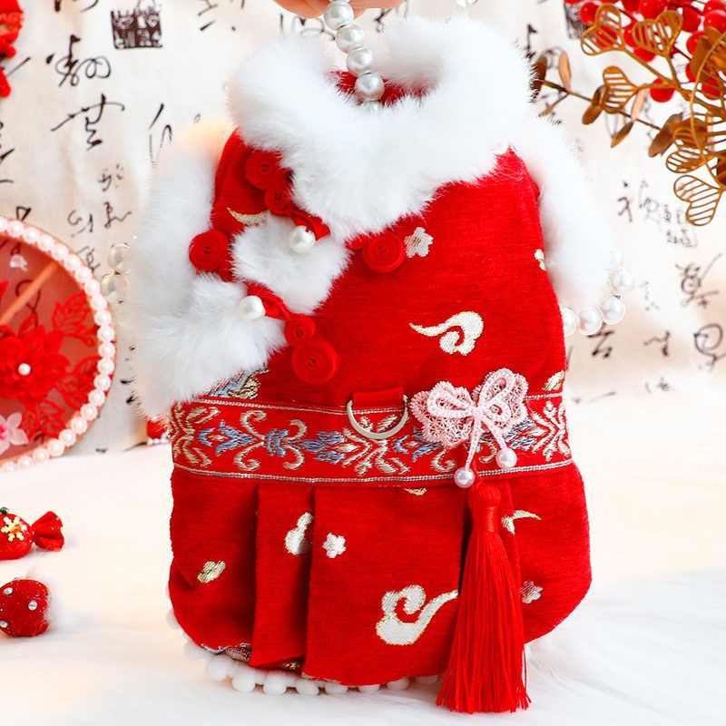 狗狗衣服秋冬装厚款猫咪公主裙唐装红色可牵引小型犬狗狗新年衣服
