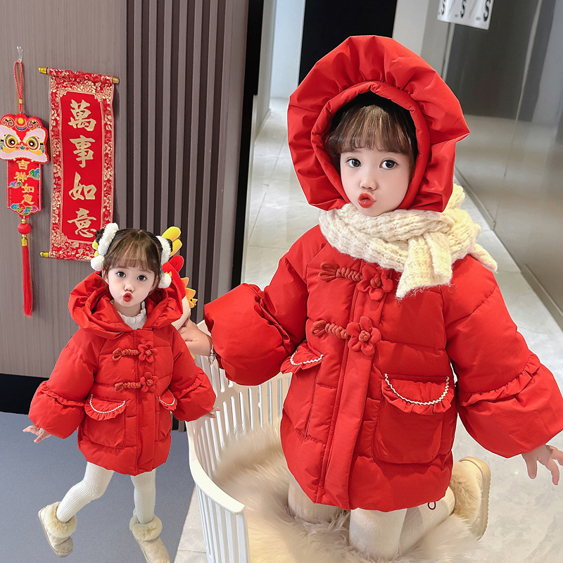 巴拉恩新品女童拜年棉服冬装宝宝洋气加绒棉衣儿童喜庆红色新年加