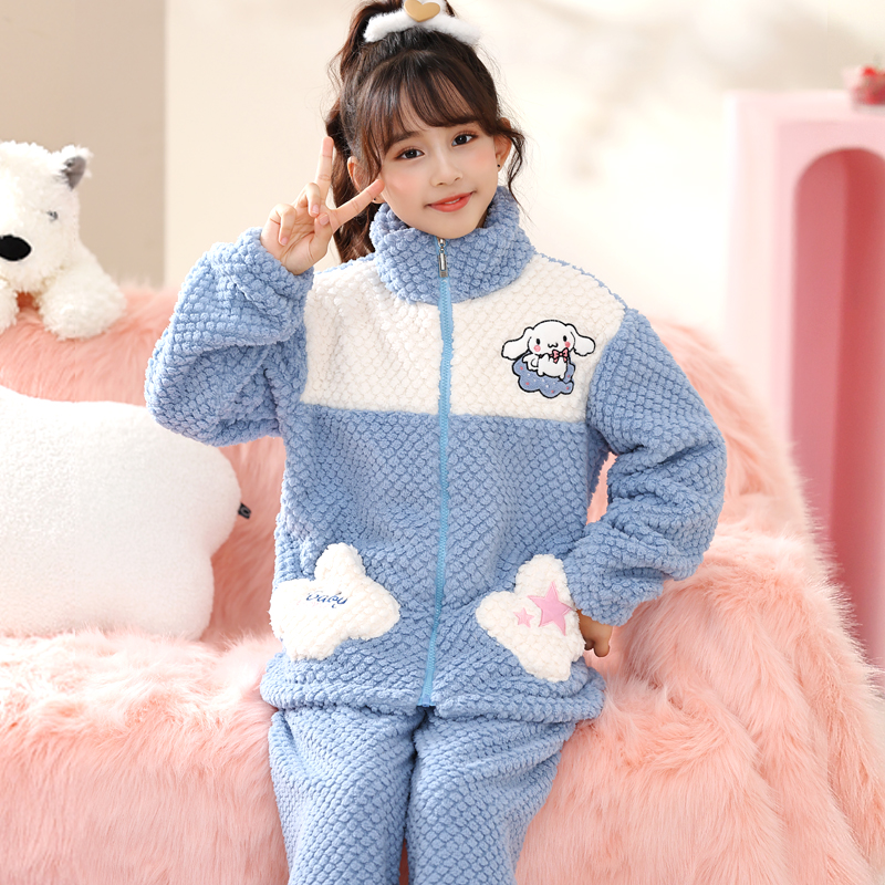 儿童法兰绒睡衣女童秋冬季加绒加厚款保暖珊瑚绒小男孩家居服套装