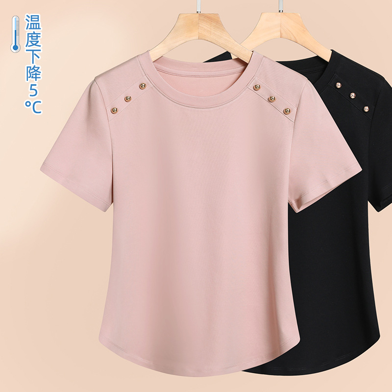 小金扣正肩圆领辣妹T设计感 2024夏季新款弧型下摆80s丝光棉T恤