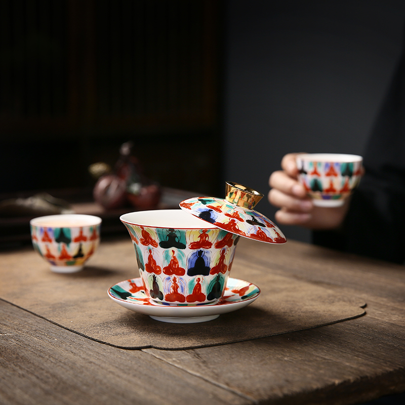 悬停盖碗三才泡茶碗茶杯家用中式陶瓷敬茶碗高档礼品旅行功夫茶具