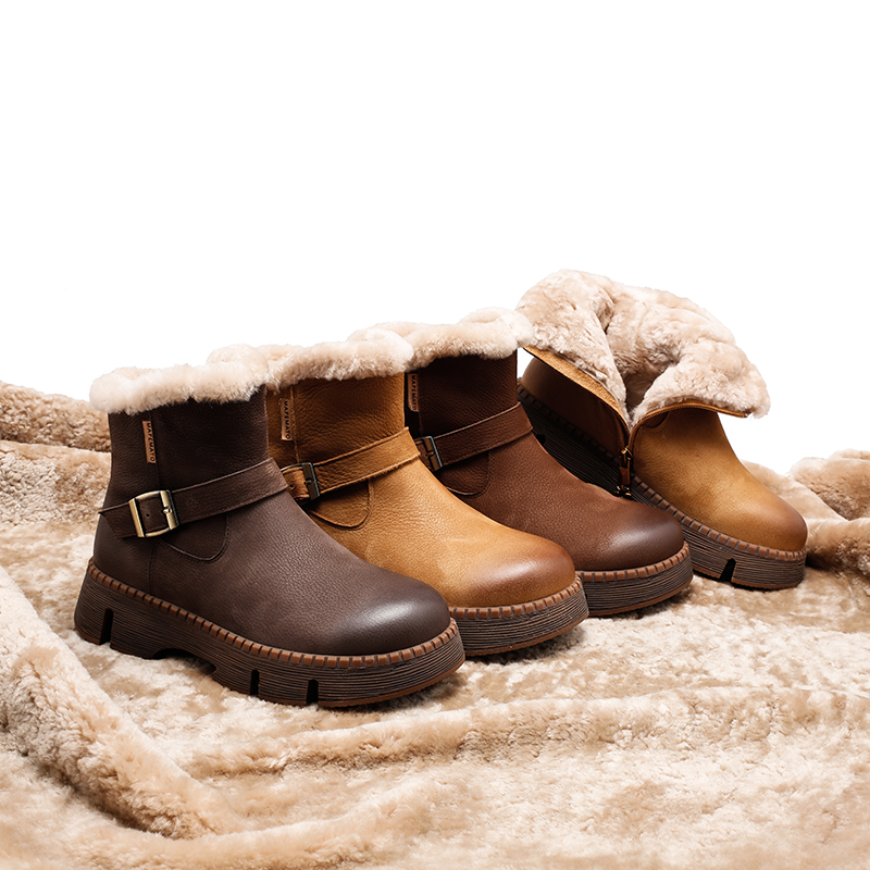 羊皮毛一体棉鞋2316-7秋冬保暖羊羔毛短筒雪地靴女马丁靴厚底短靴