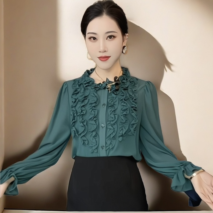 22027春款气质褶皱花边开衫时尚雪纺衫设计感小众春季服饰衬衫