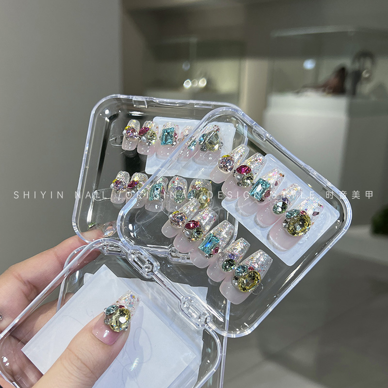 A223彩钻糖果汽水时音纯手工穿戴甲夏日显白美甲可拆卸成品指甲贴