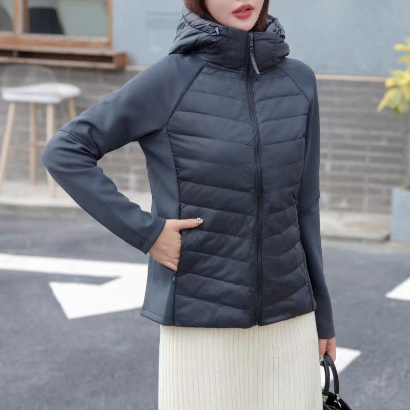 2024秋冬新款轻薄运动羽绒服修身瑜伽带帽保暖跑步拼接外套短款