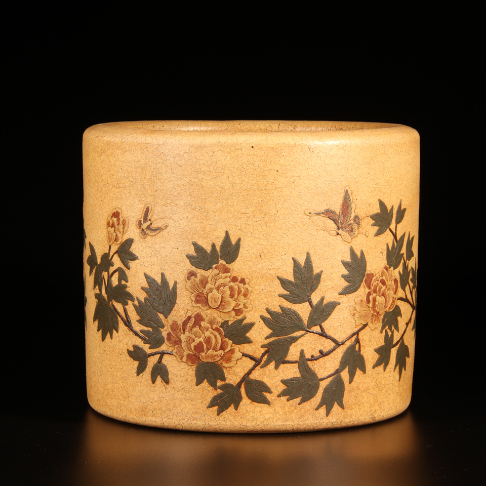 紫砂紫砂加彩花鸟笔筒