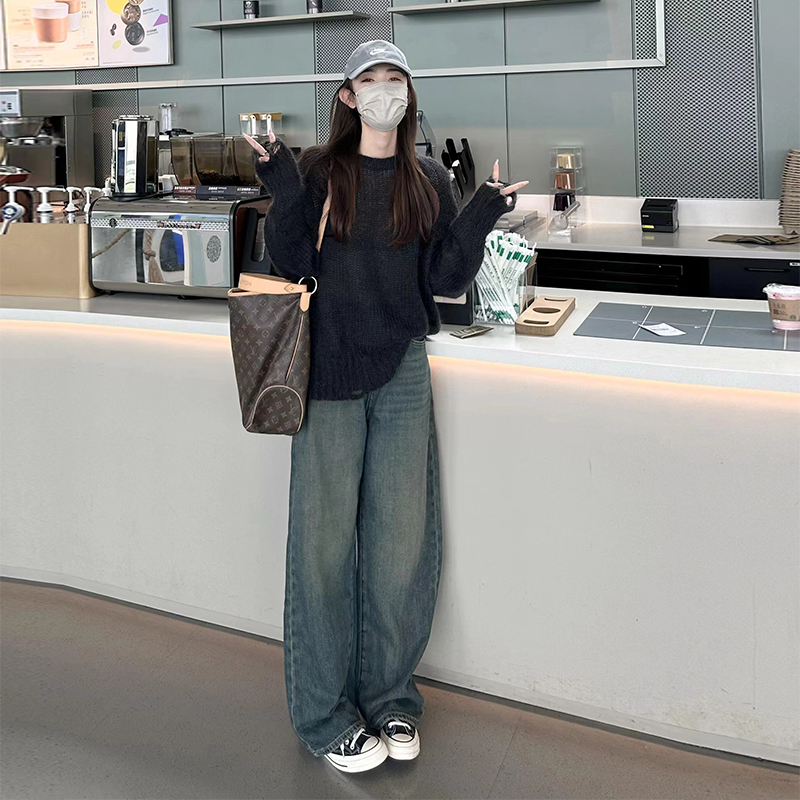复古做旧直筒牛仔裤女秋冬加绒高腰宽松显瘦慵懒垂感阔腿拖地长裤