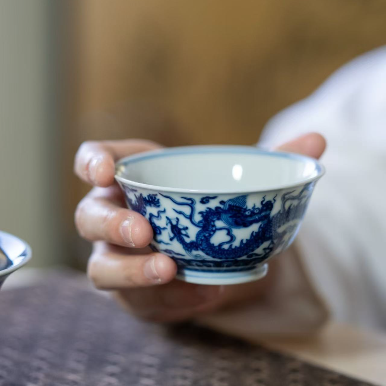 廣琛公柴窑青花双龙纹杯景德镇手工茶具100ml