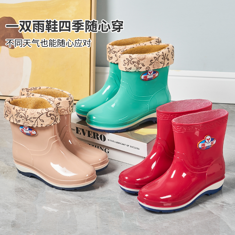 加绒雨鞋防滑中筒雨靴短筒时尚女士外穿学生厚底加厚耐磨冬季高筒