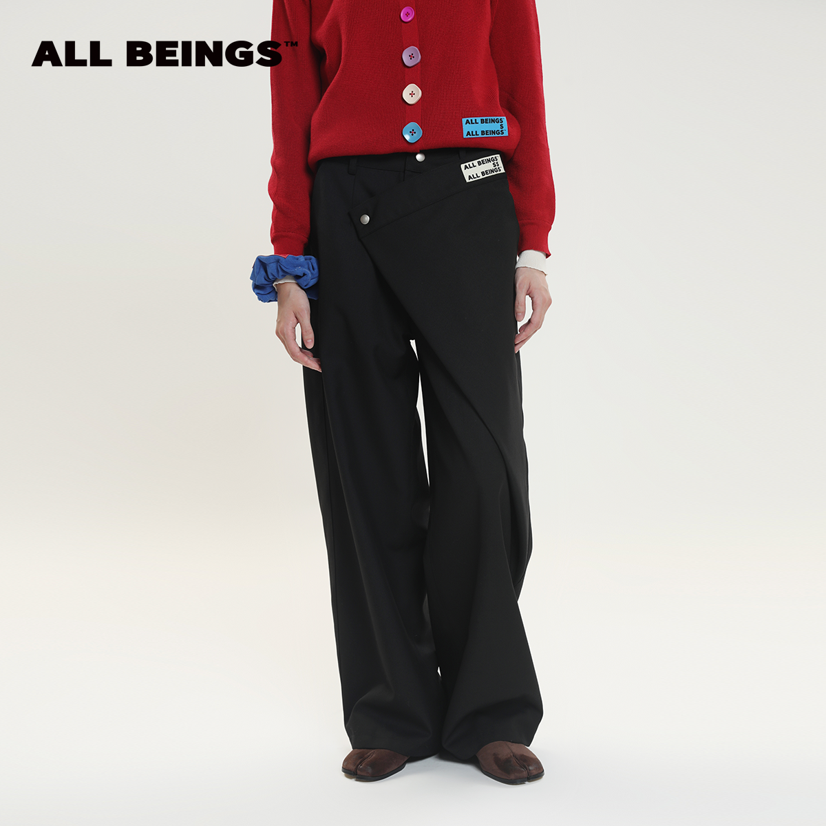 ALL BEINGS【年中折扣款】黑色翻折腰头羊毛廓形西裤薄款高腰