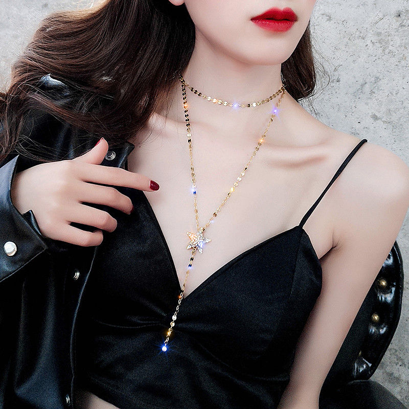 锌合金项链 水钻五角星choker金属亮片锁骨链女项链日韩个性颈链