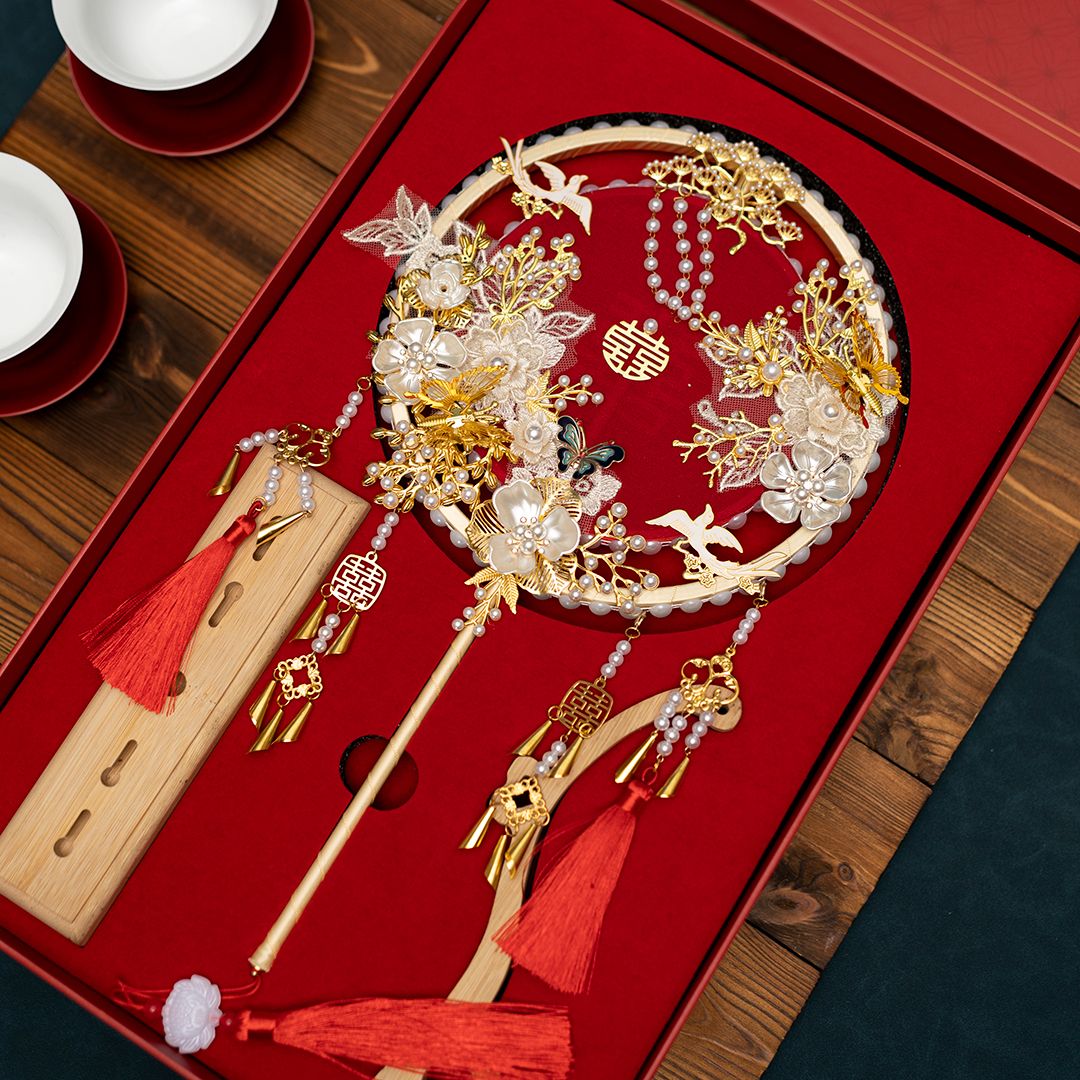 双面手工豪华新娘团扇结婚礼物材料包闺蜜结婚古风喜扇出嫁diy扇