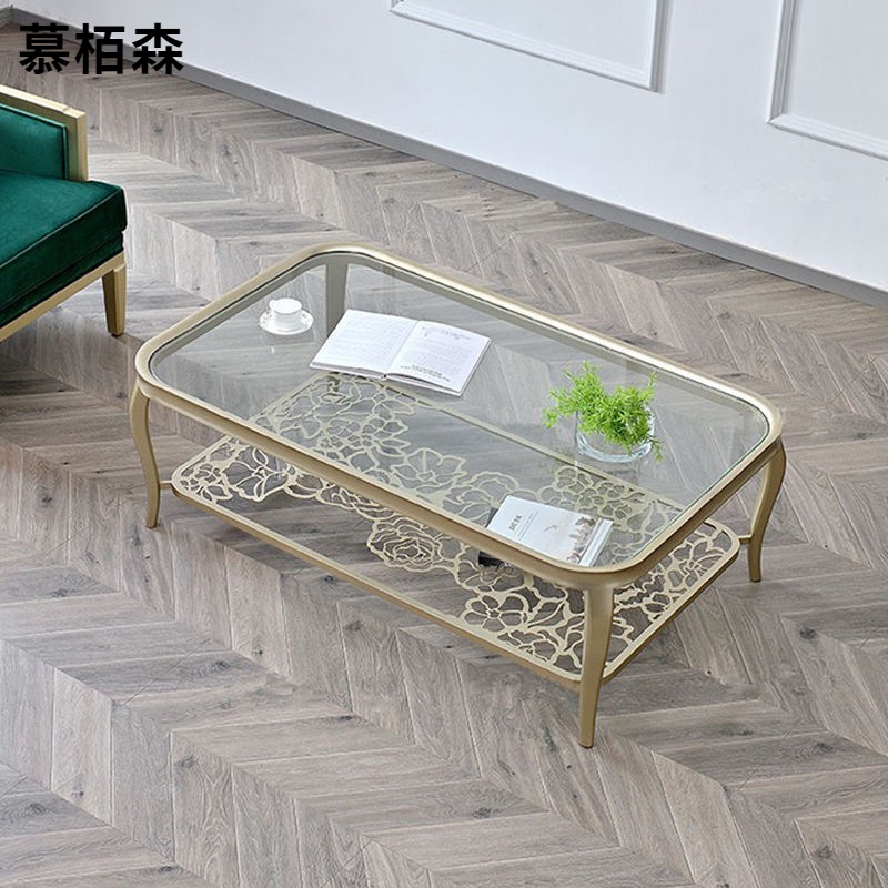 钢化玻璃茶几小户型轻奢现代茶桌客厅家用小茶台美式镂空实木茶几
