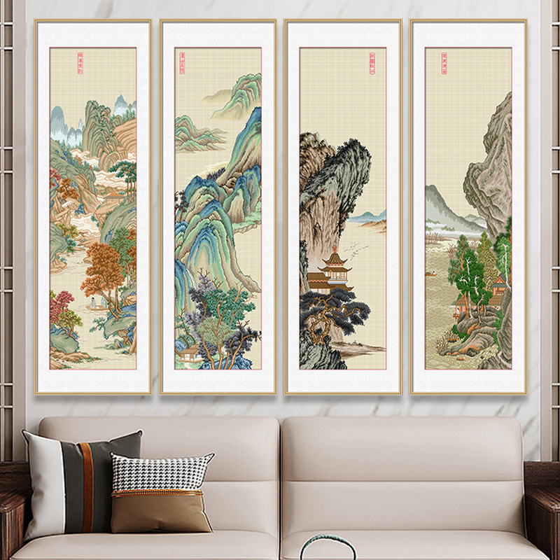 KS十字绣枫溪垂钓风景四联画手工绣线绣棉线印花清新简约新品