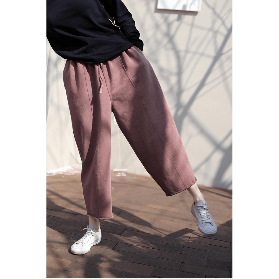 【佳人】秋冬文艺复古宽松显瘦针织毛圈休闲裤松紧腰抽绳卫裤九分裤