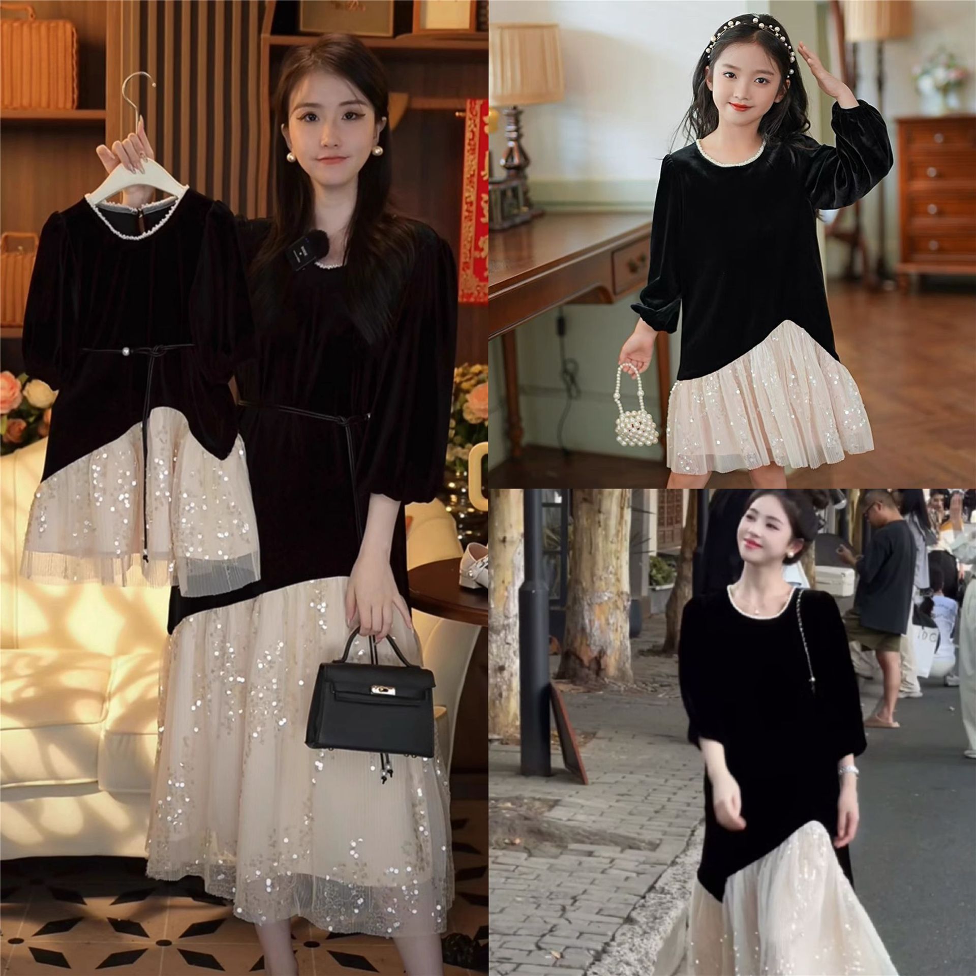 法式赫本风秋冬亲子装拼接亮片复古显瘦高级感洋气母女丝绒连衣裙