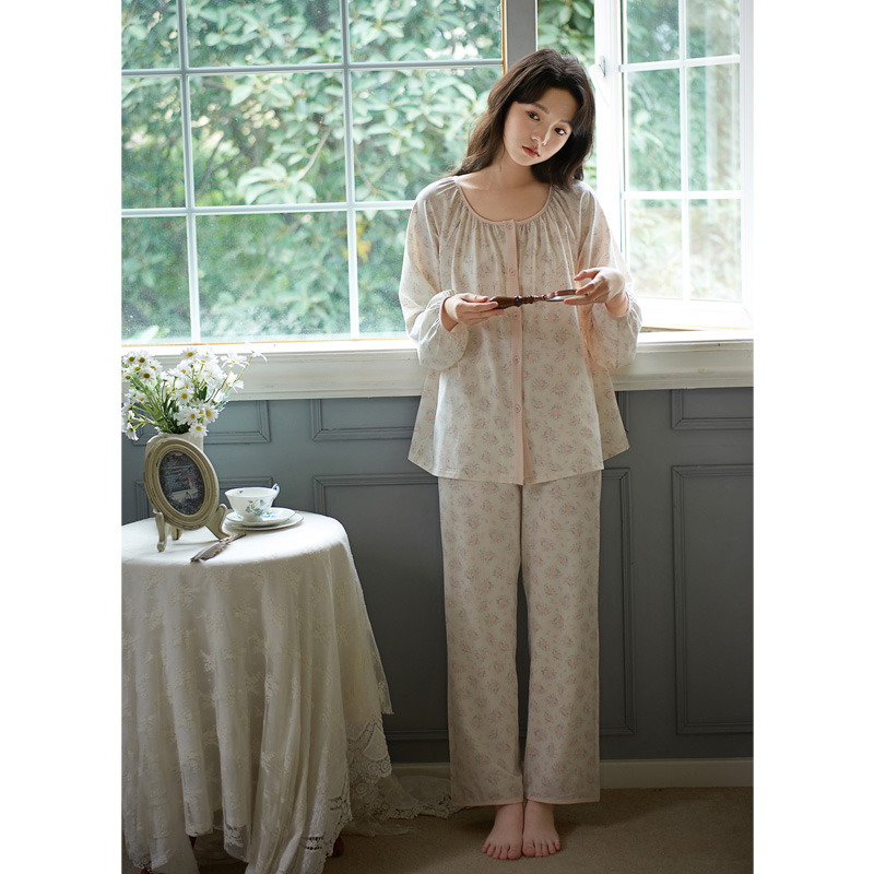 思莉太太睡衣女士春秋款莫代尔棉粉色碎花韩系圆领开衫甜美家居服