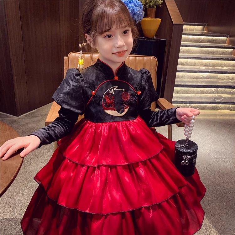 巴拉拉吧女童公主裙冬装2024新款儿童中国风礼服新年裙女孩加绒网