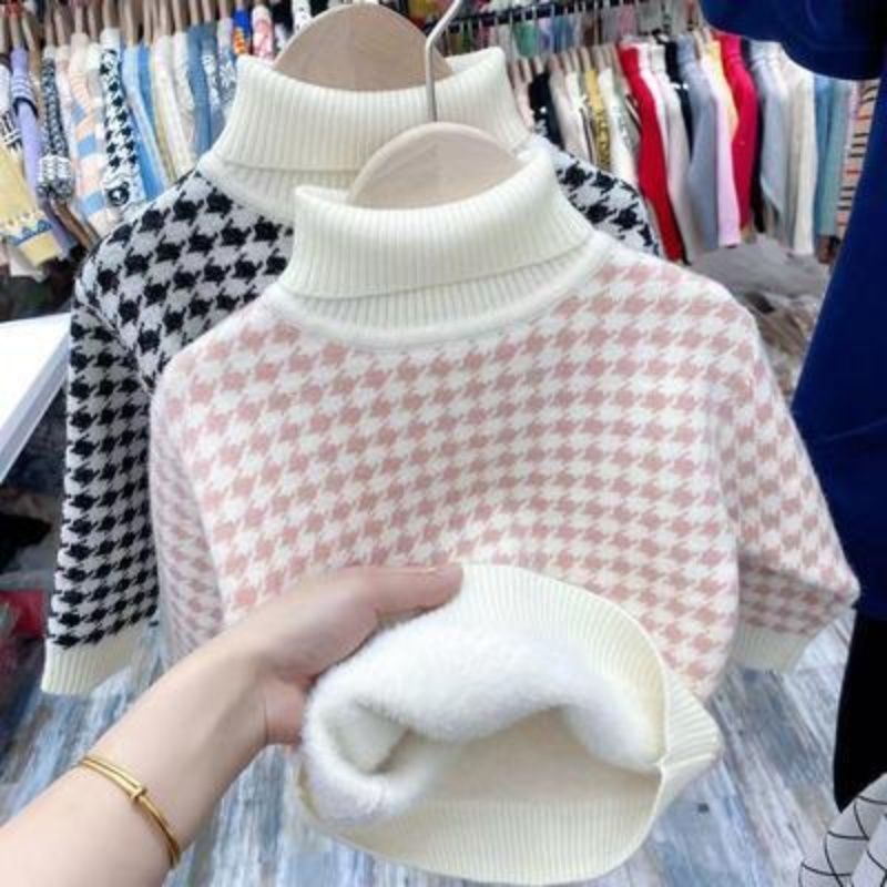 巴拉拉吧女童毛衣一体绒新款保暖儿童打底弹力衫粉色小宝宝高领加