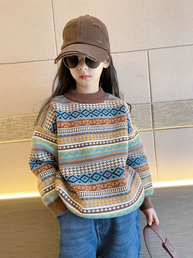 巴拉拉吧女童毛衣秋冬2024新款洋气儿童针织衫中大童加绒加厚复古