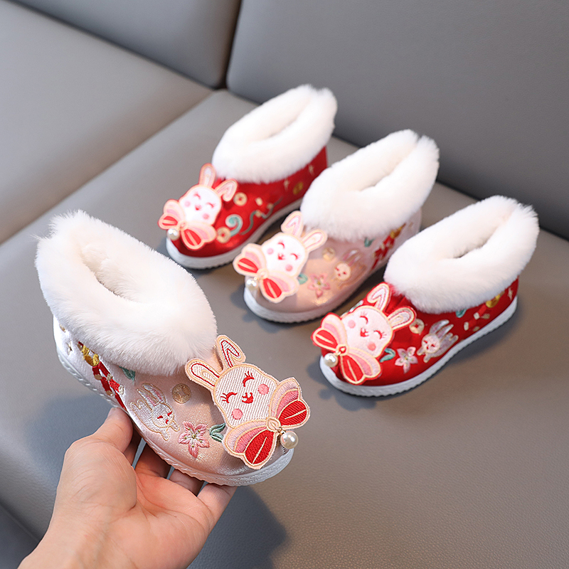 冬款女童汉服鞋儿童绣花鞋中国风手工布鞋防滑软底鞋辣