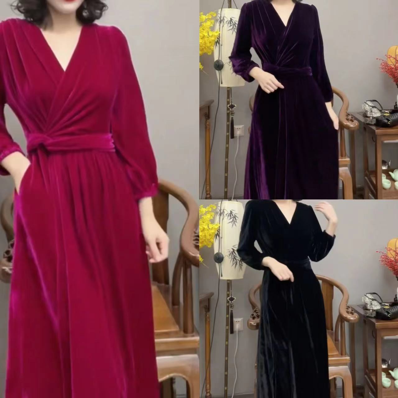 25年秋季新款纯色钻石绒收腰设计时尚大气显瘦减龄连衣裙