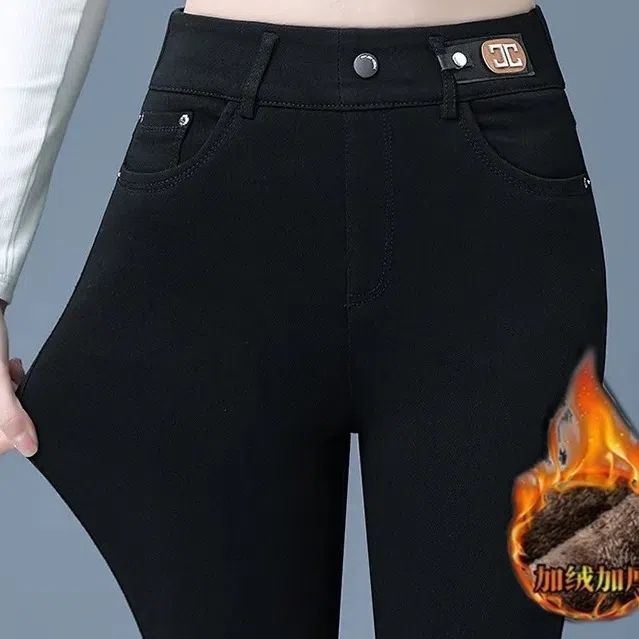 高腰女士加绒裤子松紧腰弹力黑色裤子2023新款显高显瘦紧身小脚裤