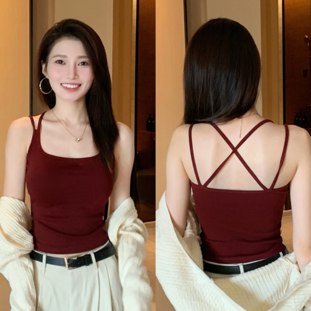 加大码美背交叉吊带文胸一体背心女新款外穿带胸垫内搭显瘦上衣夏