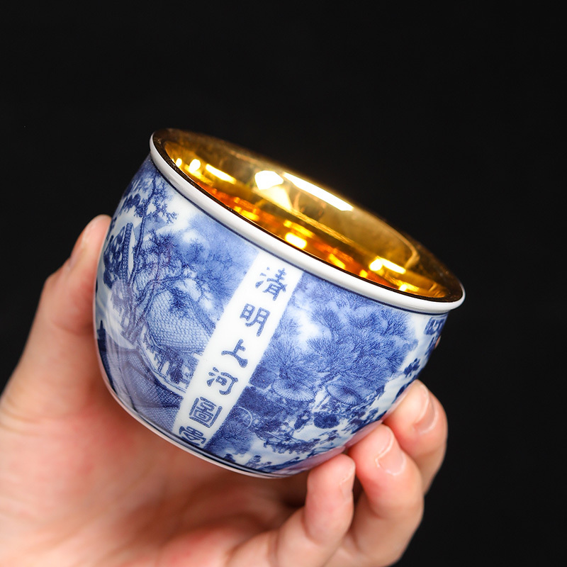 建盏珐琅彩陶瓷鎏金盏清明上河图茶盏青花主人杯茶杯品茗杯高端