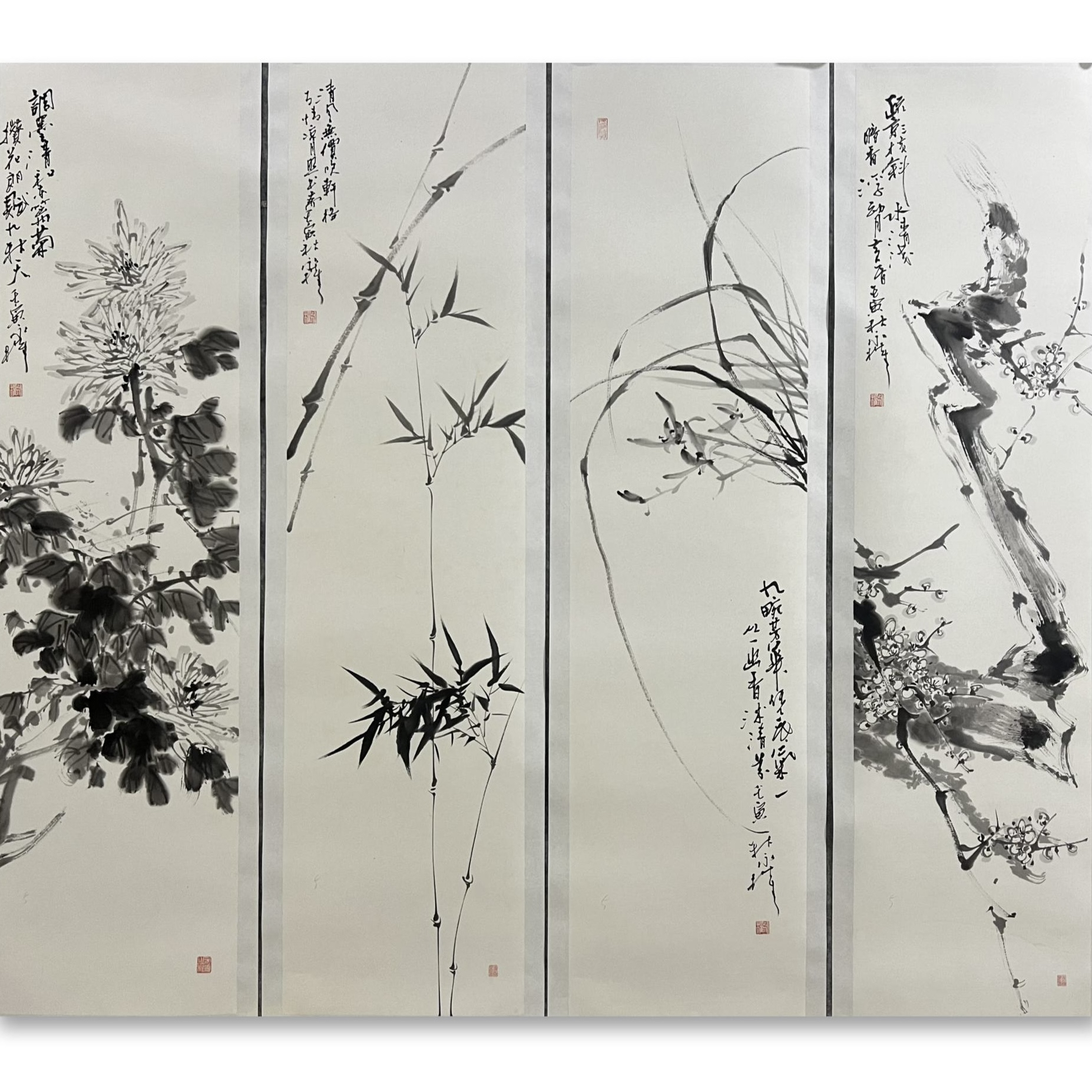 姚永权老师+四尺对开+137*34厘米*4+花鸟四条屏