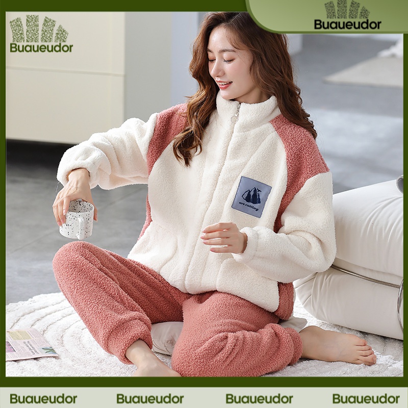 蕉下粉睡衣女冬季加厚加绒秋冬保暖法兰绒女式运动休闲家居服套装