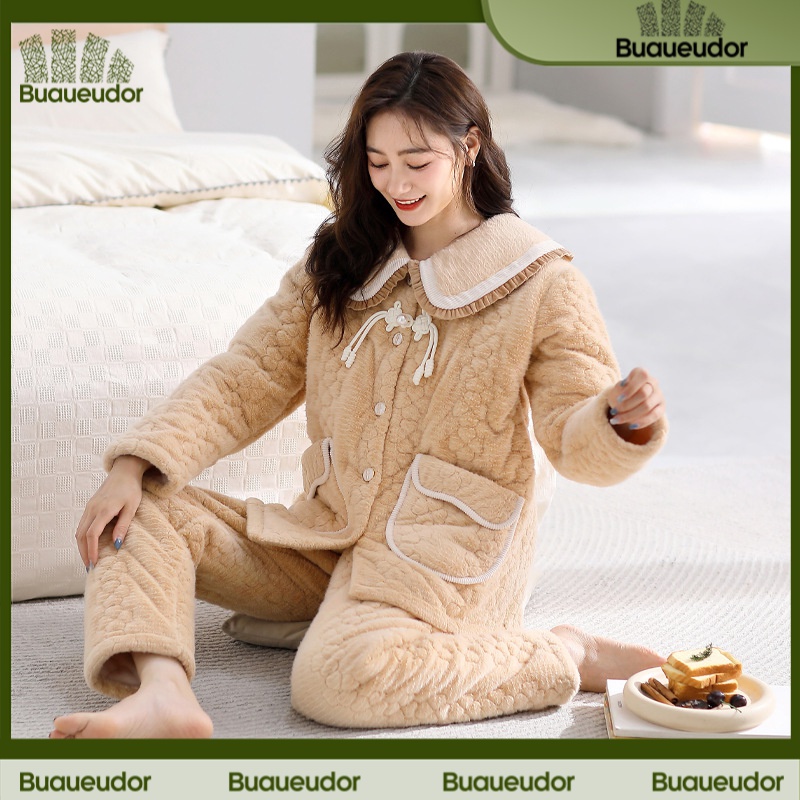 蕉下粉冬季珊瑚绒三层夹棉睡衣保暖加绒套装法兰绒甜美可爱家居服