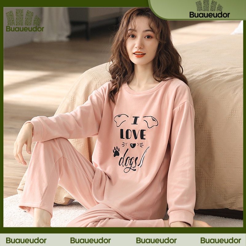 蕉下粉睡衣女秋冬季薄绒长袖休闲减龄大码女士加厚保暖家居服套装