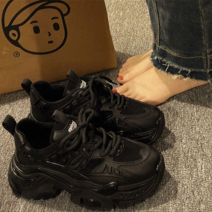 冬季黑色老爹鞋女款厚底增高运动鞋全黑武士休闲纯黑骑士小黑鞋