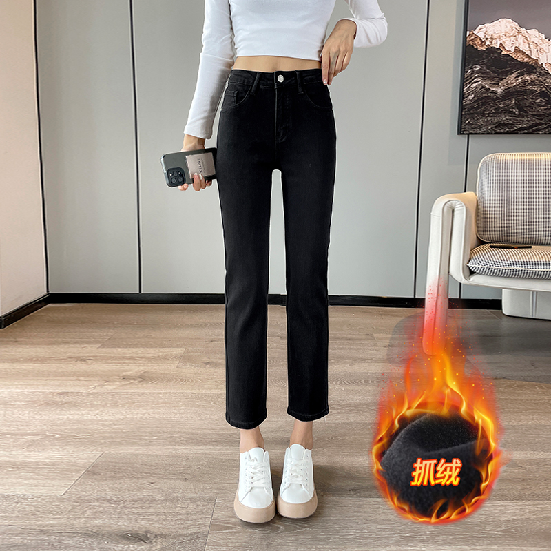 黑色直筒牛仔裤女秋冬抓绒显瘦百搭窄版烟管裤高腰弹力遮肉烟管裤
