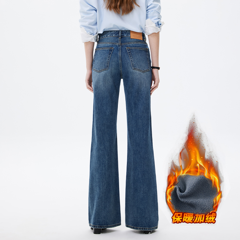 花甲子高端加绒宽松牛仔裤女2024冬季美式高腰直筒裤窄版阔腿长裤