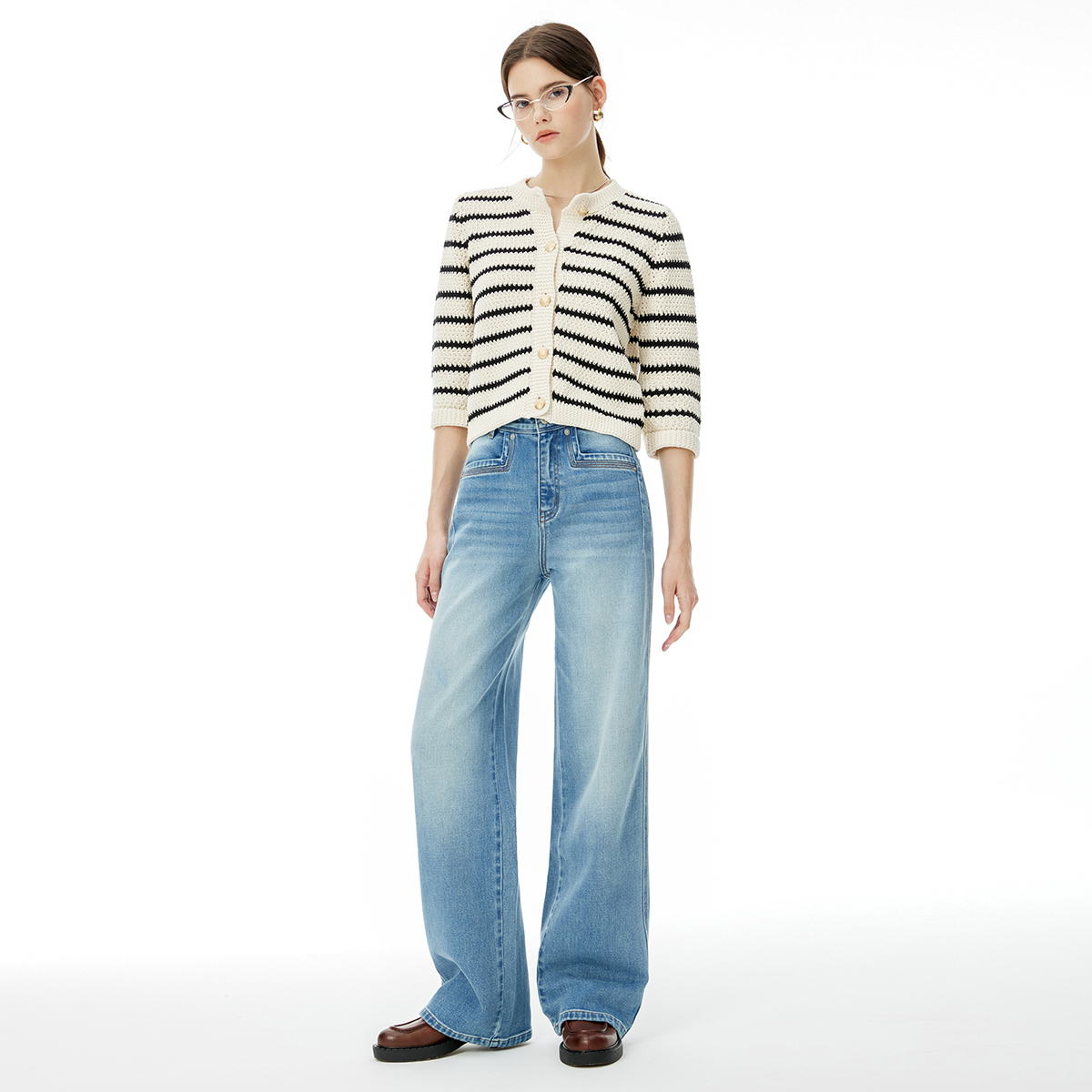 2025年春季新款微弹宽松阔腿拖地时尚浅色牛仔裤女高腰百搭休闲