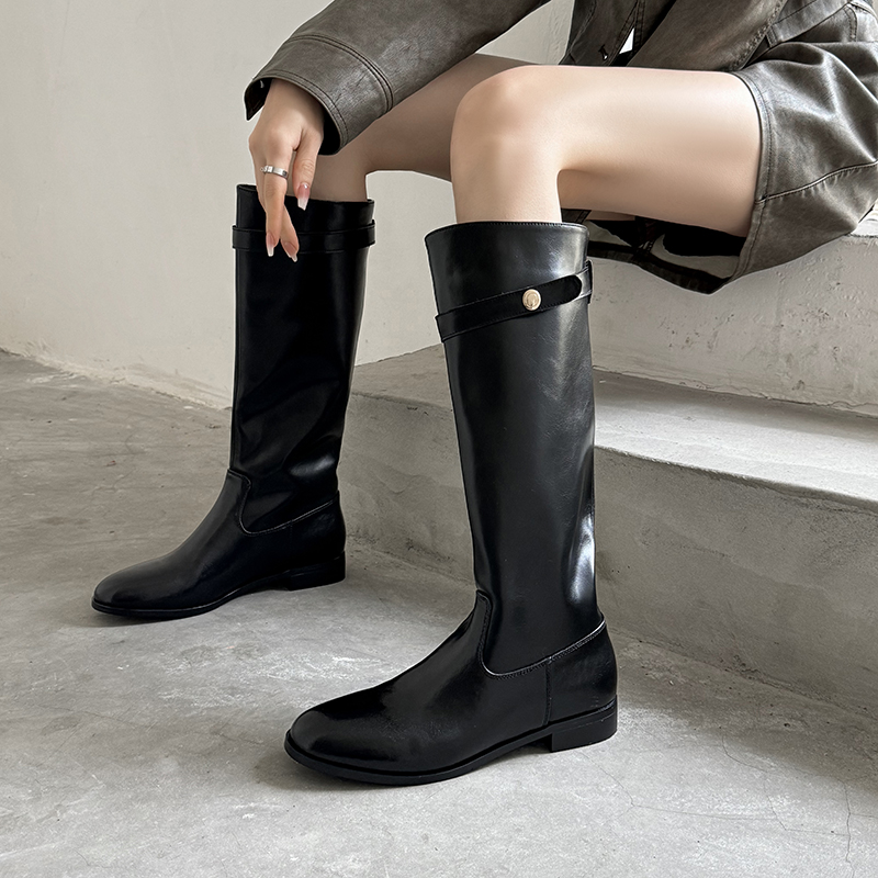 2024年秋冬欧美粗跟纯色骑士靴真皮百搭橄榄头显瘦长靴百搭时装靴