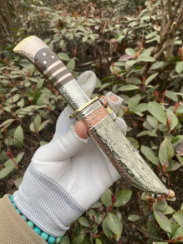 保安腰刀，大河家，小鸟头黄河流水纹款式，白铜鞘子款式，餐刀